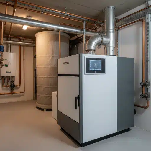 Installation chaudière pellets biomasse moderne dans maison wallonne avec silo stockage automatique