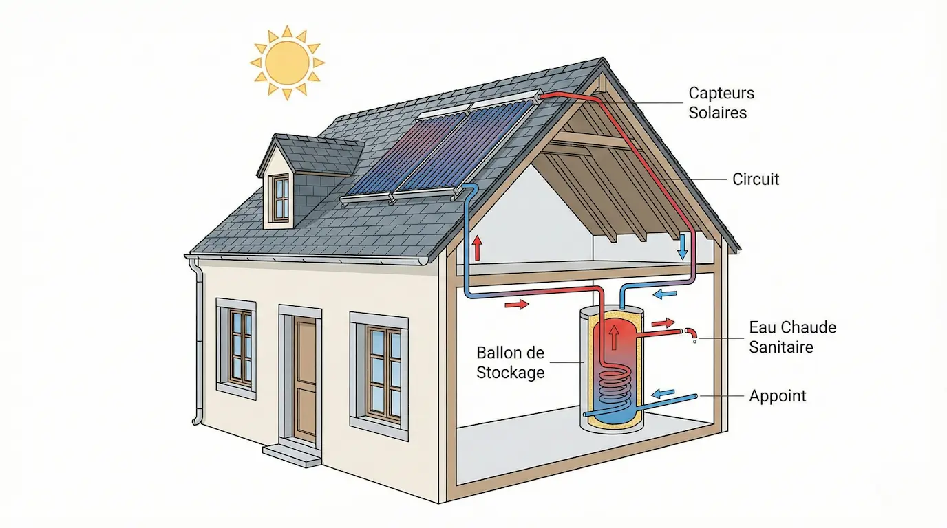 Schéma installation chauffe-eau solaire thermique en Wallonie