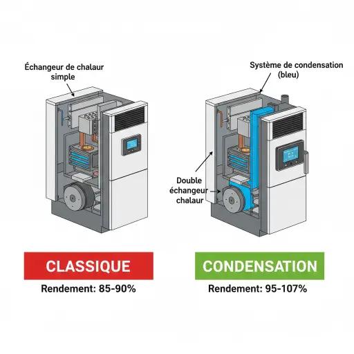 Comparaison chaudière pellets classique et condensation rendement prix Belgique 2026