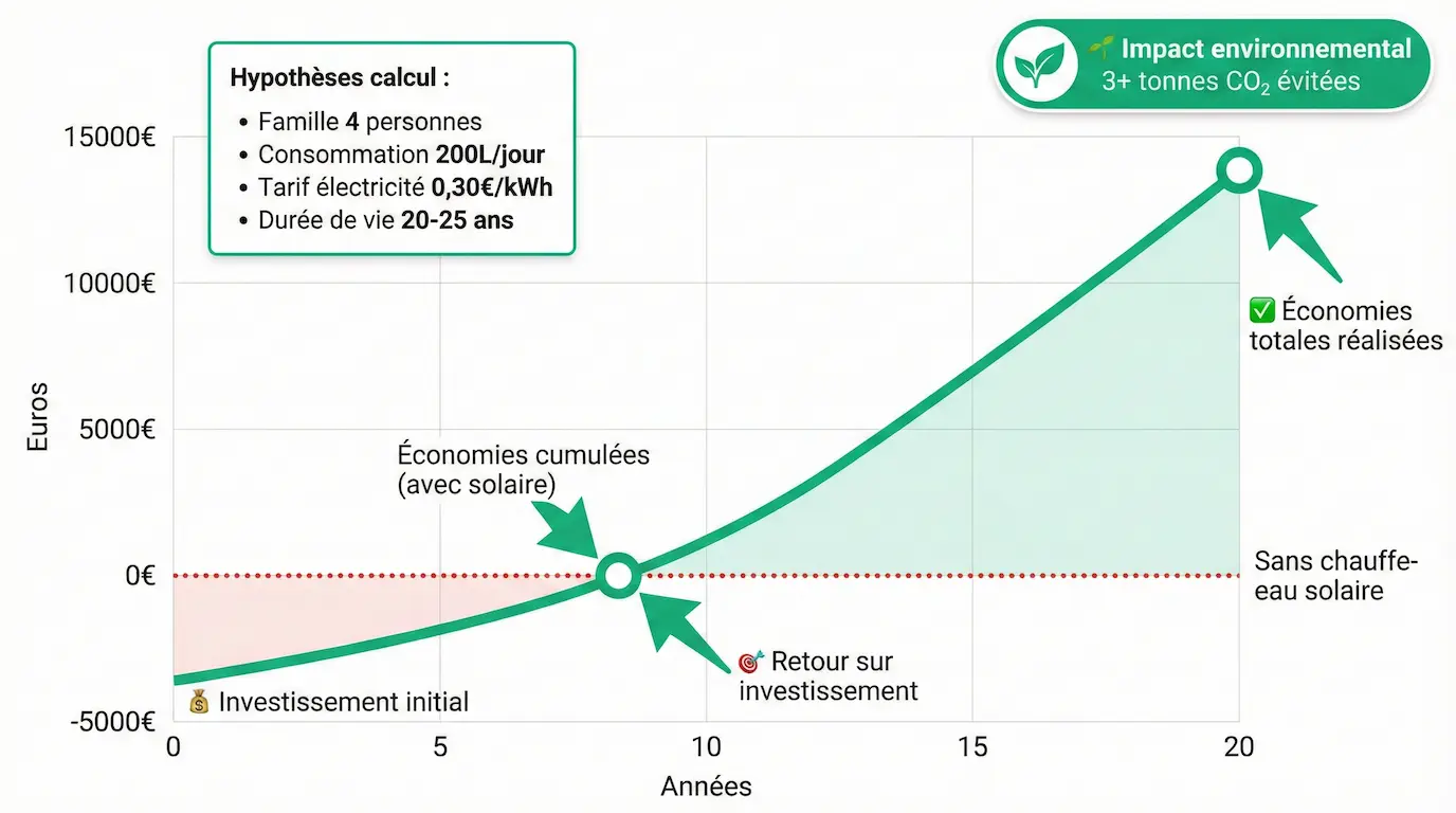 Graphique des économies cumulées sur 20 ans avec un chauffe-eau solaire en Wallonie