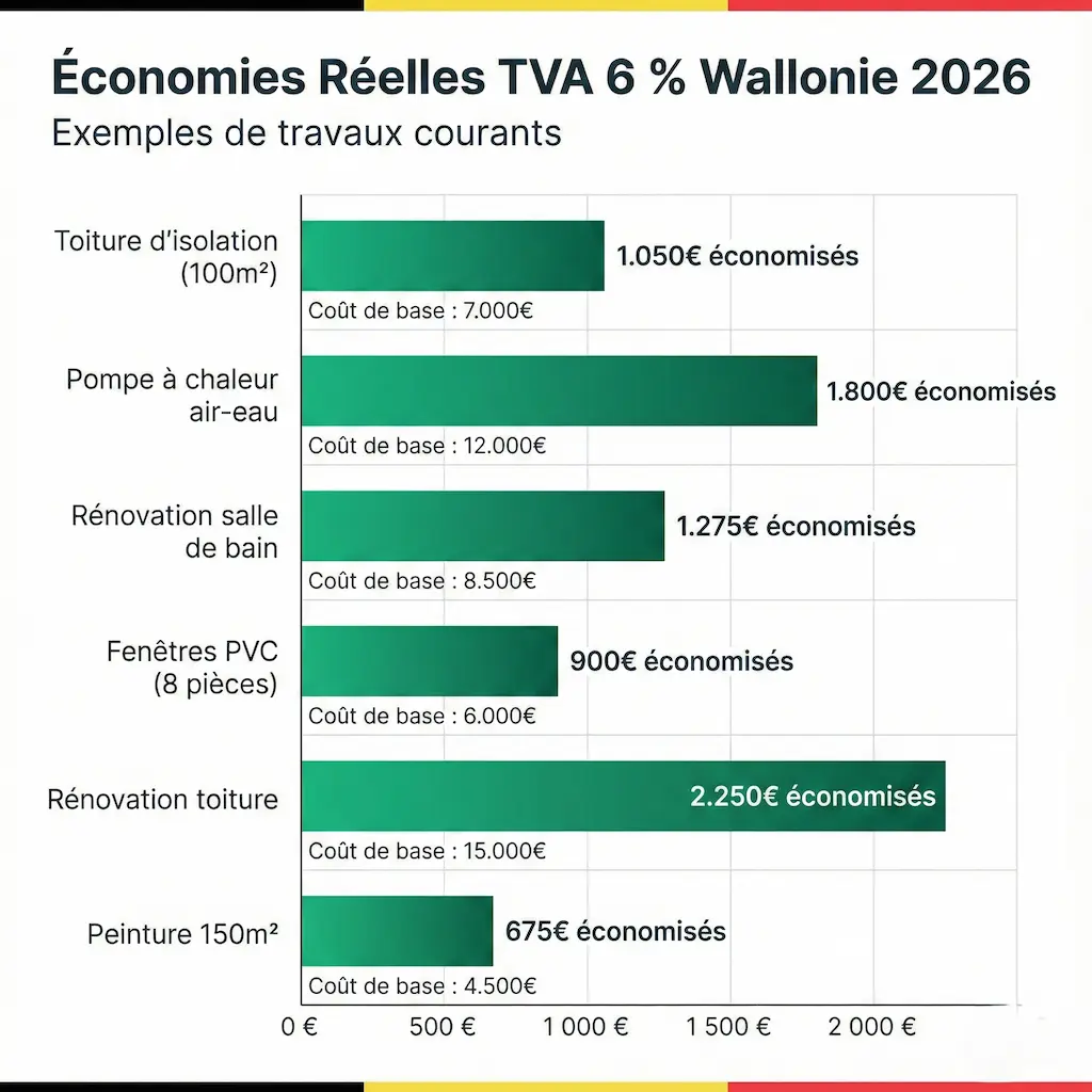 Graphique économies TVA 6% rénovation Wallonie 2026 - Exemples isolation toiture pompe chaleur fenêtres économies 675 à 2250 euros