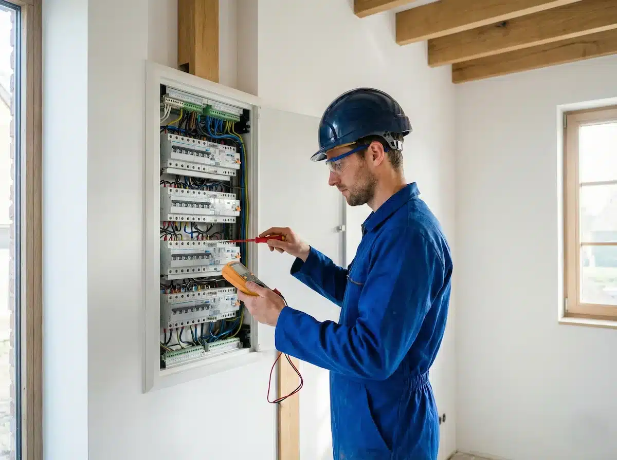 Électricien agréé BCE effectuant contrôle RGIE en Wallonie avec testeur électrique