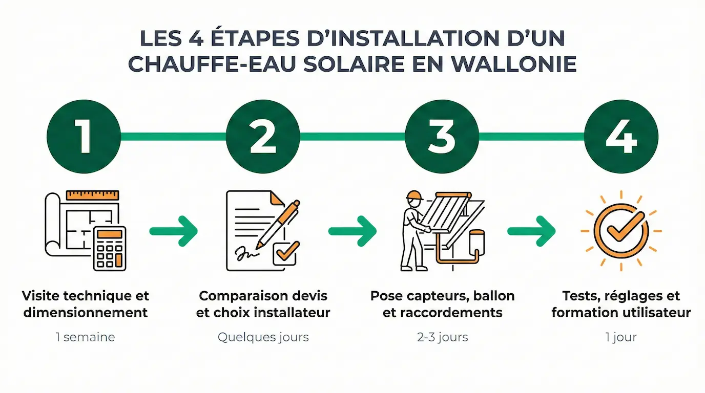 Les 4 étapes d'installation d'un chauffe-eau solaire en Wallonie de l'étude à la mise en service