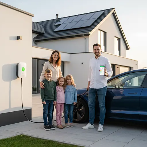 Famille wallonne économisant avec recharge électrique domicile et panneaux solaires