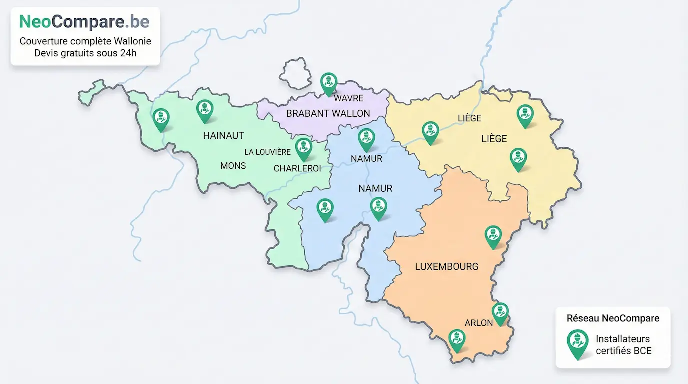 Carte des installateurs certifiés chauffe-eau solaire dans les 5 provinces de Wallonie