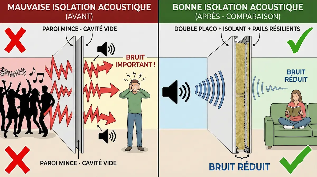 Mauvaise isolation acoustique cloisons - Erreur absence laine de verre et bandes résilientes Wallonie