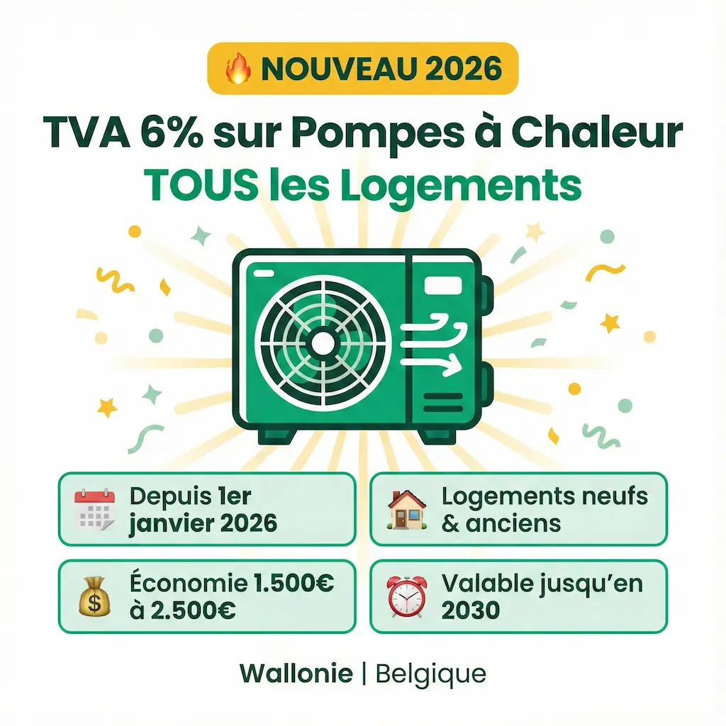 Nouveauté 2026 TVA 6% pompes à chaleur tous logements Wallonie - Mesure applicable logements neufs anciens économie 2500 euros