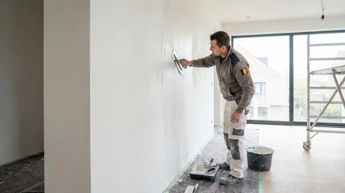 Plafonnage professionnel Wallonie - Artisan appliquant finitions lisses sur murs intérieurs