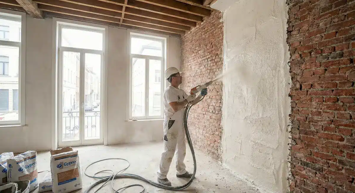 Plafonnage projeté mécanique - Application rapide grandes surfaces Wallonie