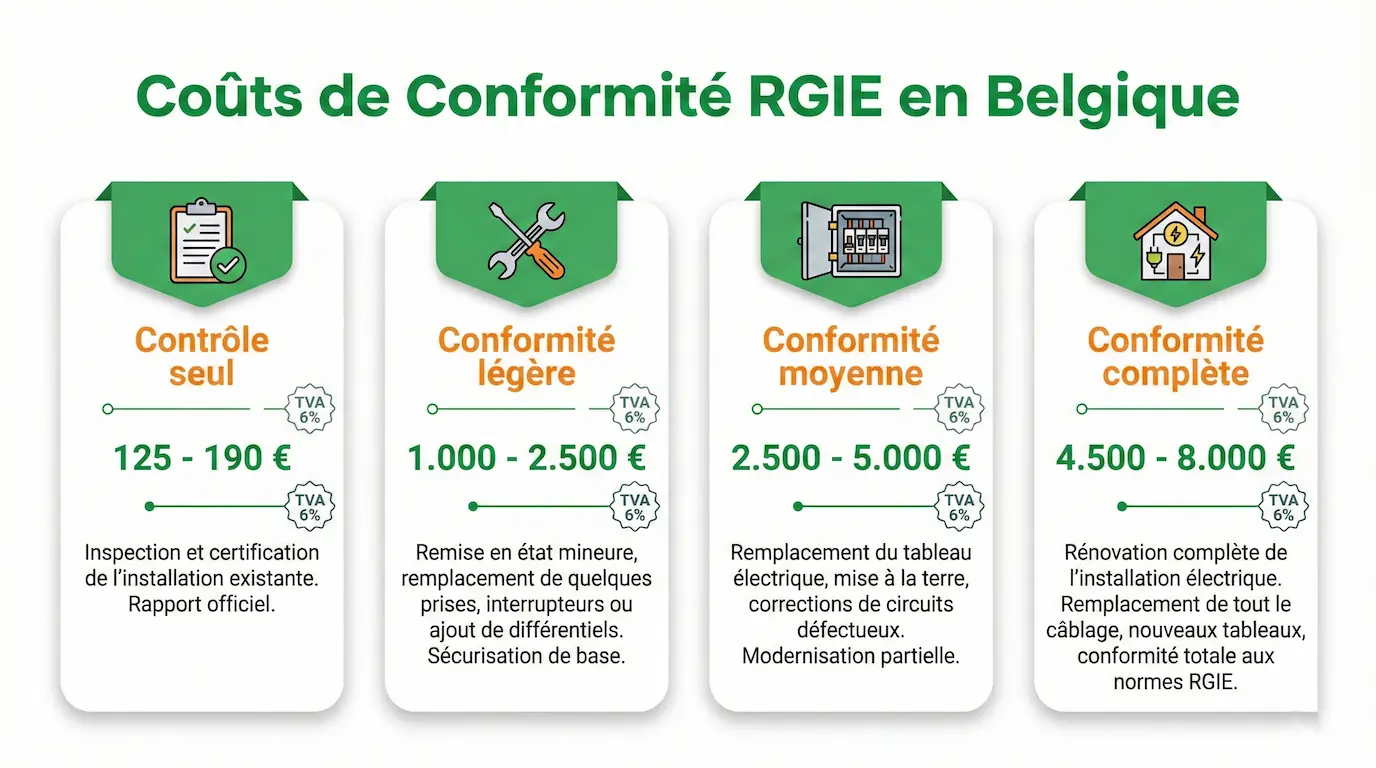 Infographie prix mise en conformité RGIE Wallonie 2026 - Contrôle et travaux électriques