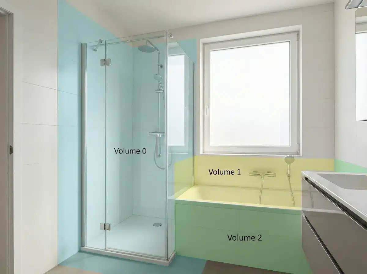 Salle de bain conforme RGIE Wallonie avec prises IPX4 et liaison équipotentielle