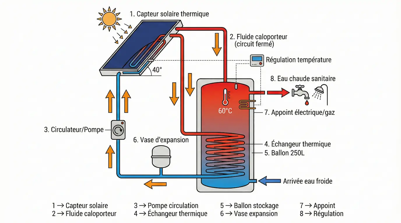 Schéma technique chauffe-eau solaire à circulation forcée avec pompe et échangeur