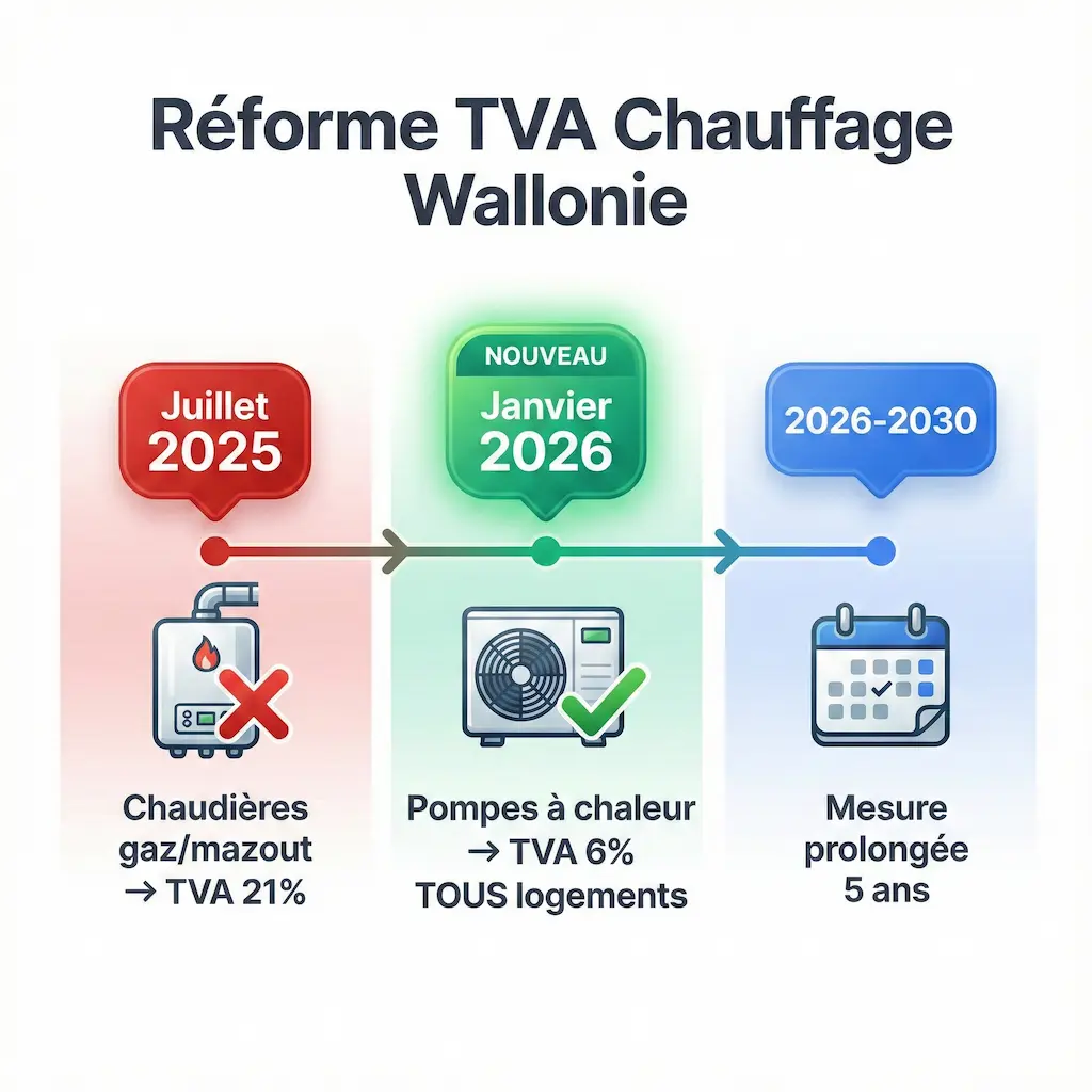 Timeline réforme TVA chauffage Wallonie 2025-2026 - Chaudières gaz 21% pompes chaleur 6% tous logements