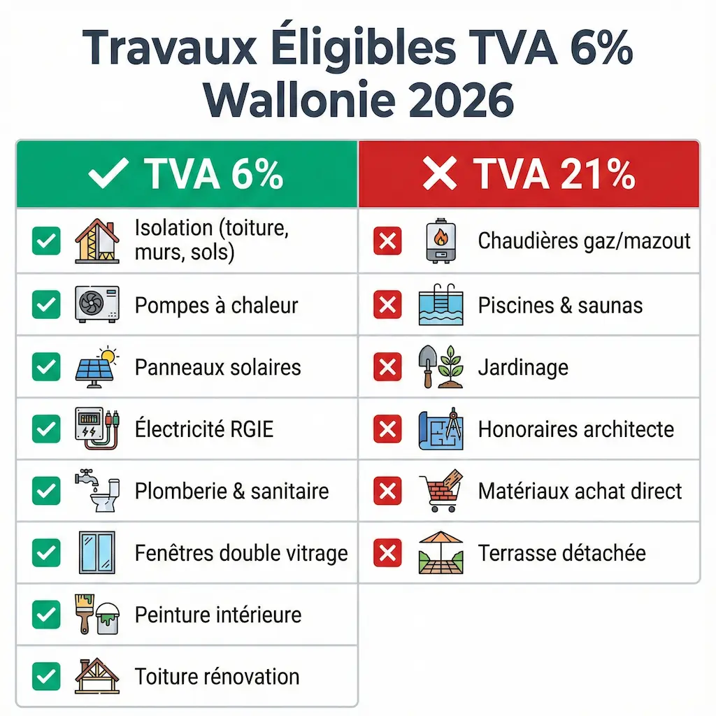 Liste travaux éligibles TVA 6% versus exclus 21% rénovation Wallonie - Isolation chauffage plomberie électricité
