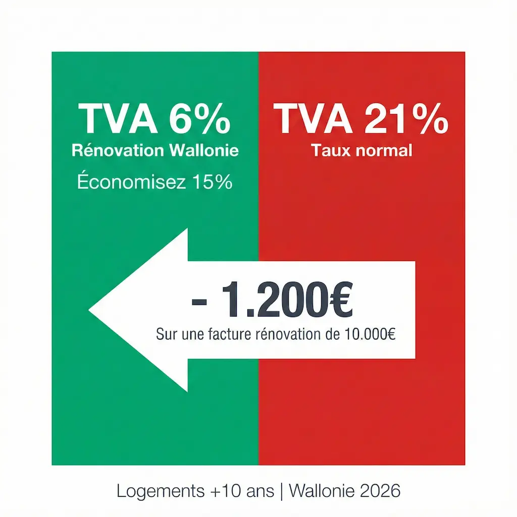 Comparaison TVA 6% versus 21% rénovation Wallonie 2026 - Économie 1200 euros sur facture 10000 euros travaux